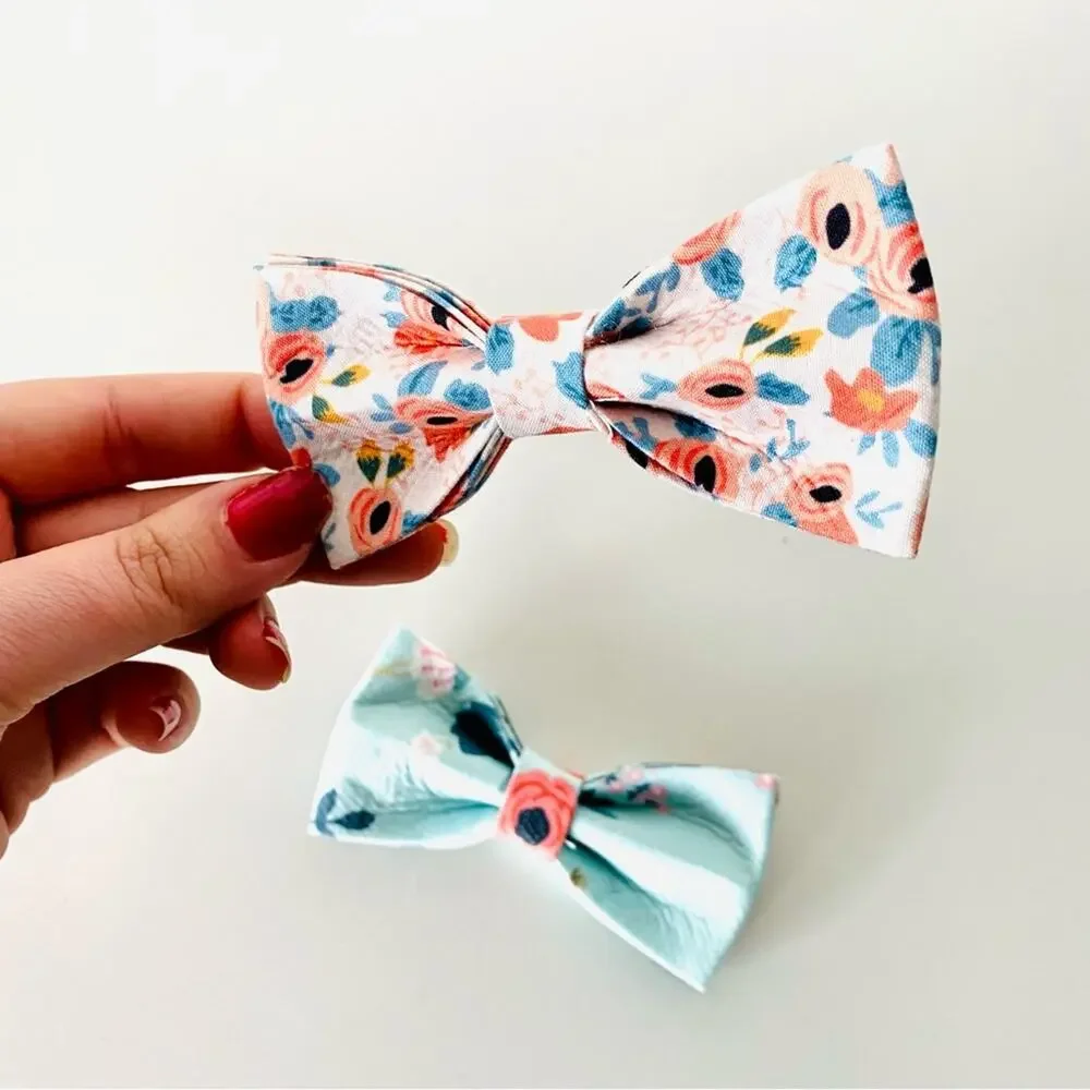 2 NEW HANDMADE Teal Blue Pink Coral Floral Dog Cat Pet Collar Elastic Bow Tie
